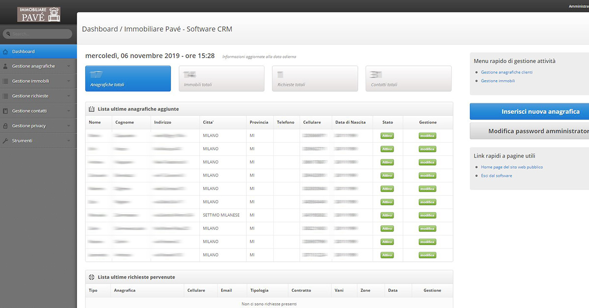 Pannello crm dashboard gestione immobili