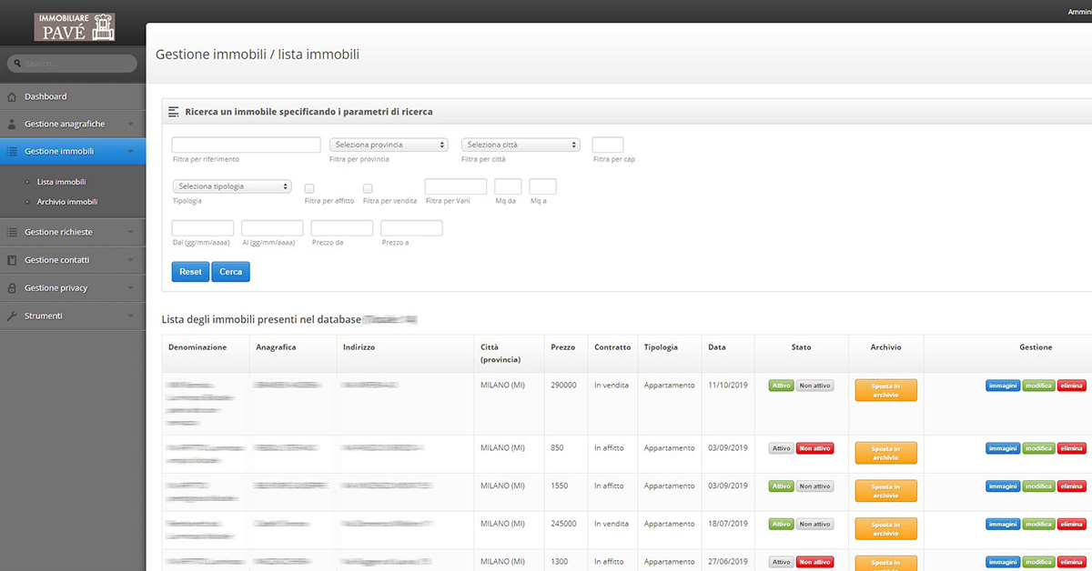 Pannello di controllo lista gestione immobili