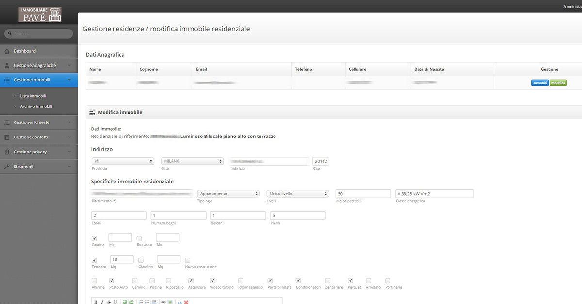 Pannello crm scheda immobile