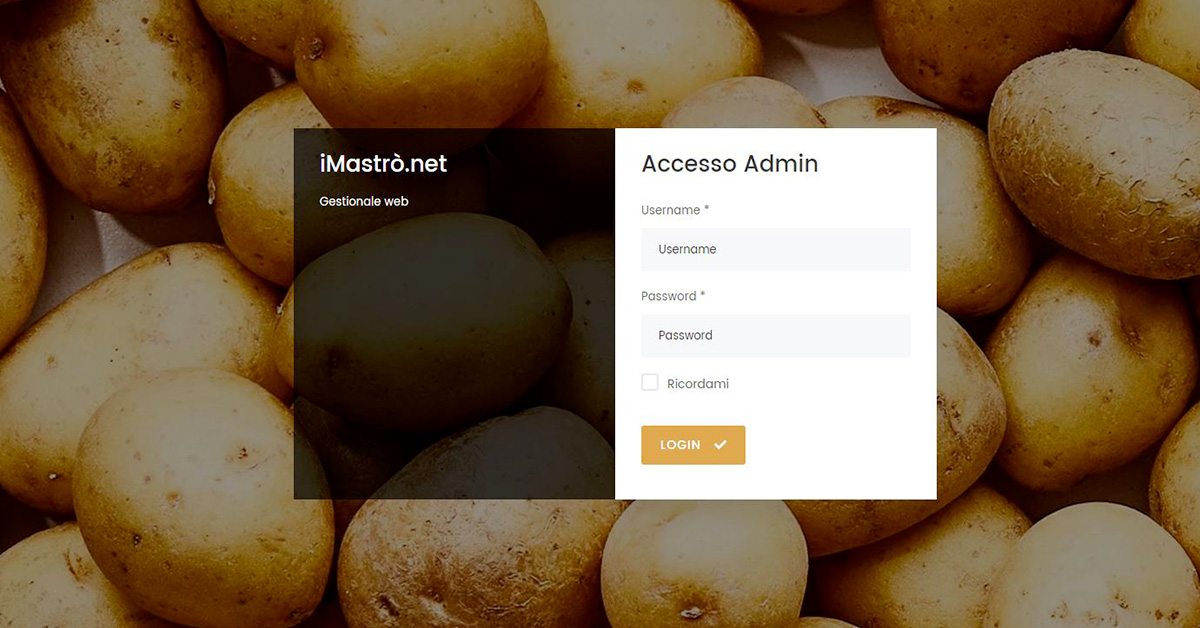 Gestionale web settore agroalimentare, schermata di accesso riservato area
